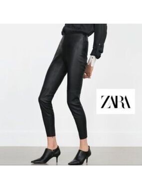 Zara black faux leather high rise leggings ankle zipper Sz S